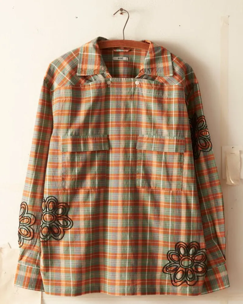 Shirts<BODE Beaded Floral Madras Long Sleeve Shirt - Blue Multi