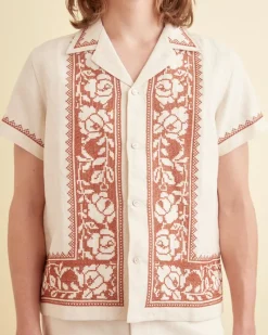 Shirts<BODE Cross-Stitched Rose Garland Short Sleeve Shirt Cream