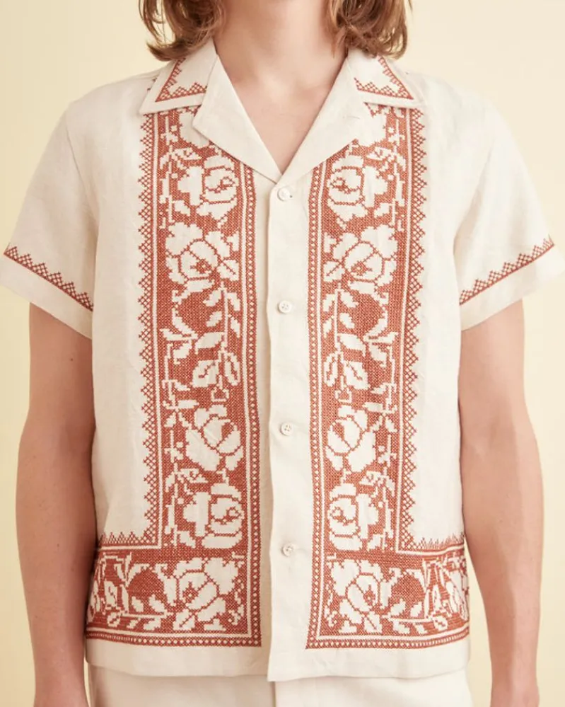 Shirts<BODE Cross-Stitched Rose Garland Short Sleeve Shirt Cream