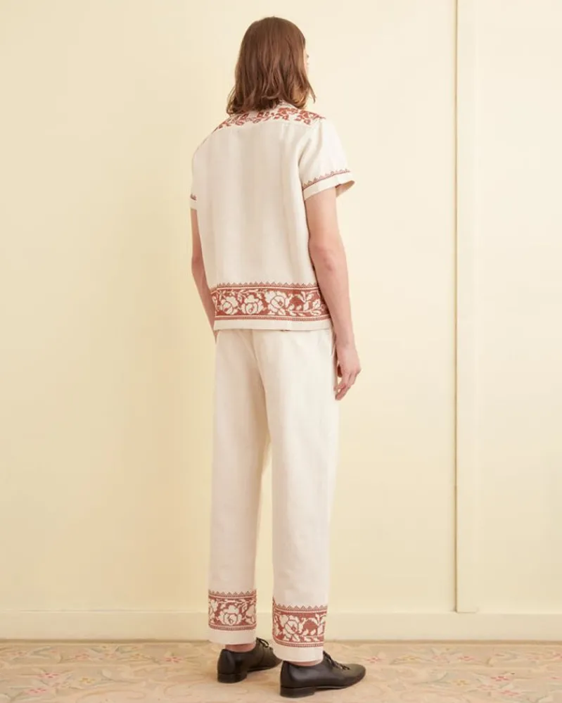 Shirts<BODE Cross-Stitched Rose Garland Short Sleeve Shirt Cream
