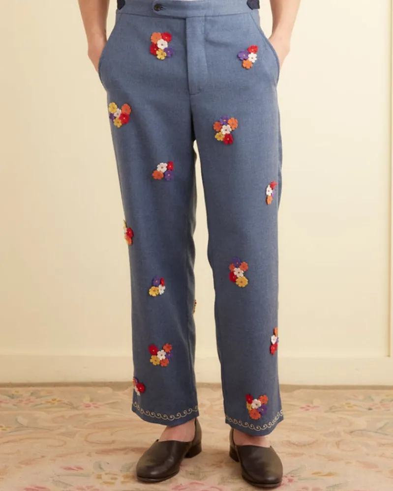 Trousers & Pants<BODE Dianthus Applique Trousers Cornflower