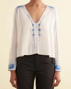 Tops<BODE Embroidered Cornflower Top Blue/Cream