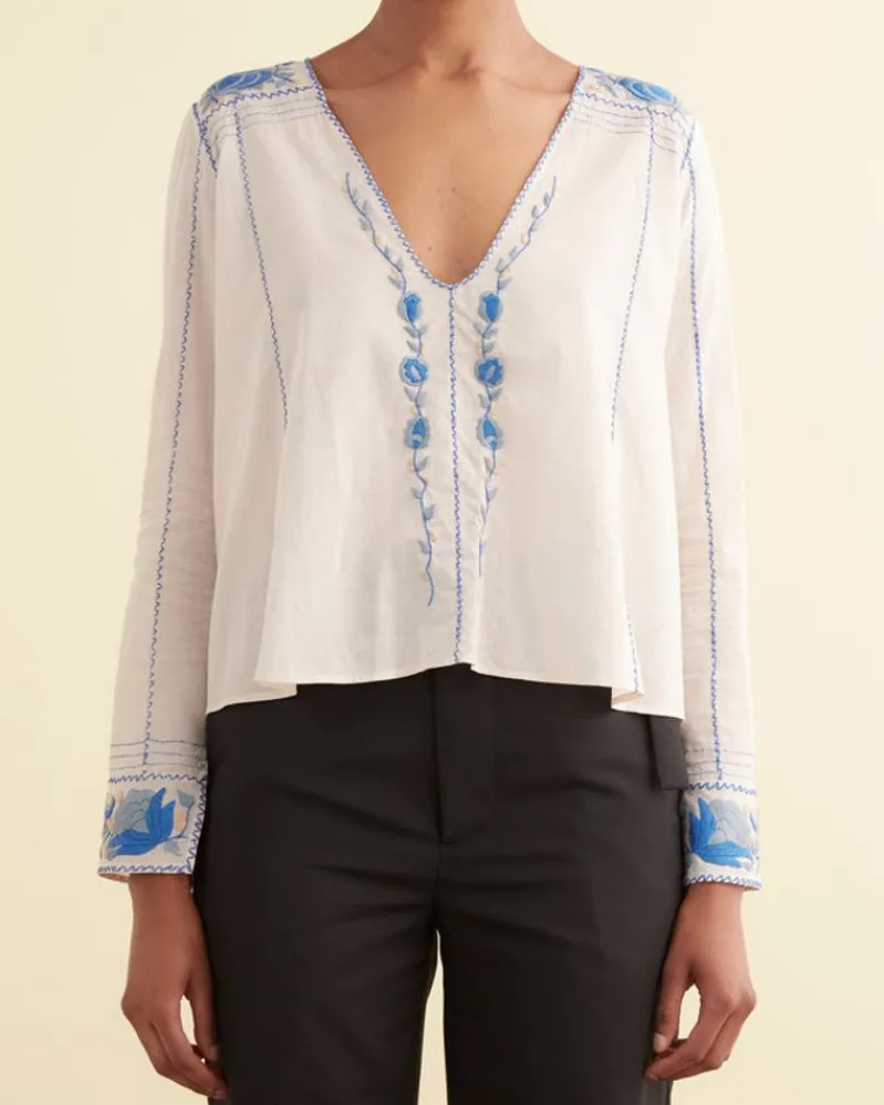Tops<BODE Embroidered Cornflower Top Blue/Cream