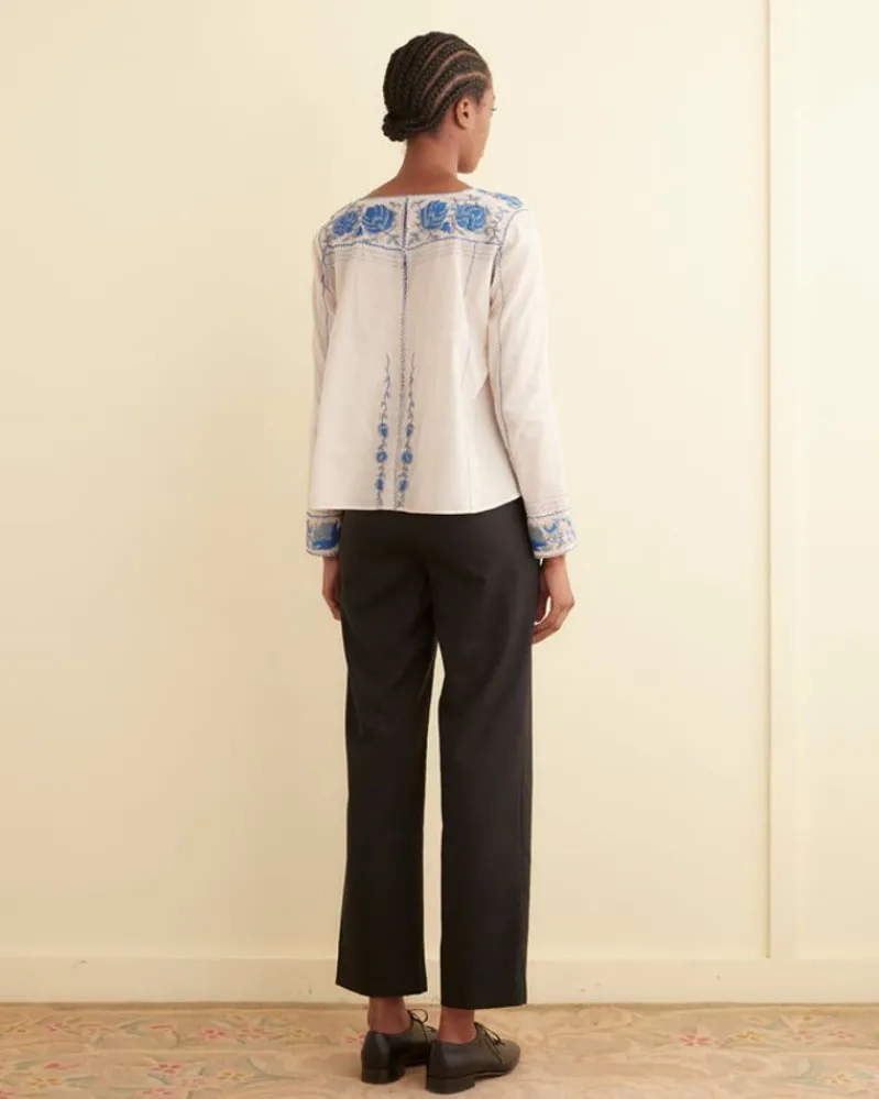 Tops<BODE Embroidered Cornflower Top Blue/Cream