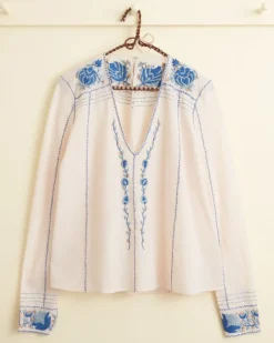 Tops<BODE Embroidered Cornflower Top Blue/Cream