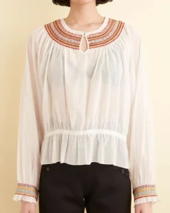 Tops<BODE Embroidered Georgette Top Cream
