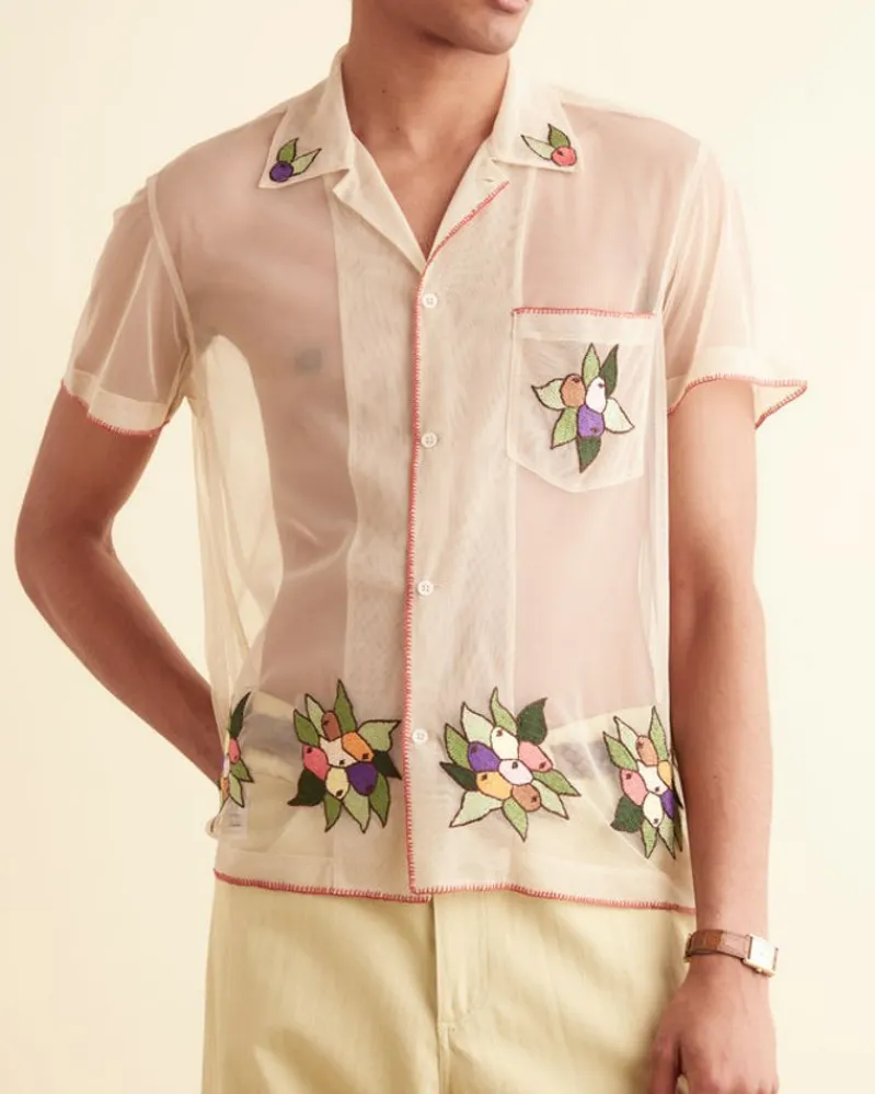 Shirts<BODE Embroidered Suncherry Short Sleeve Shirt White/Multi