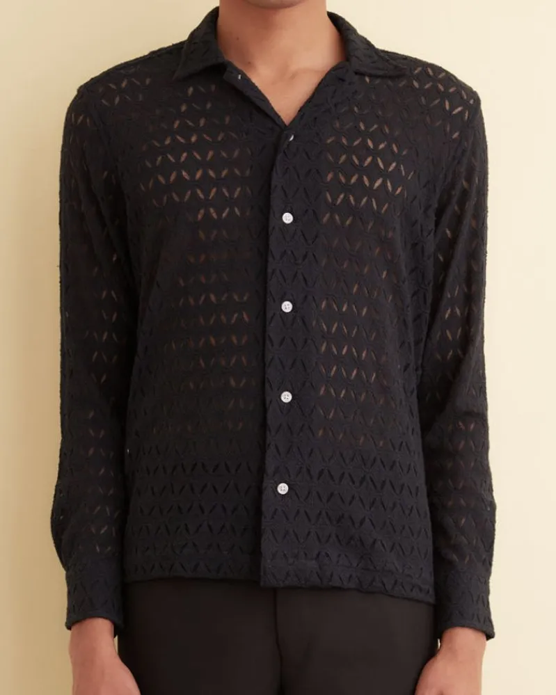 Shirts<BODE Lattice Lace Long Sleeve Shirt - Black